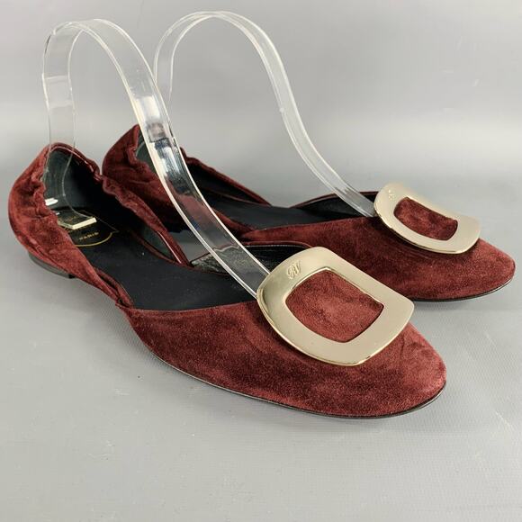 ROGER VIVIER Size 10 Burgundy Silver Buckle Suede Flats - Picture 1 of 8